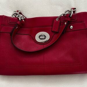Coach Cherry Red Pebbled Leather Bag with Turnlock